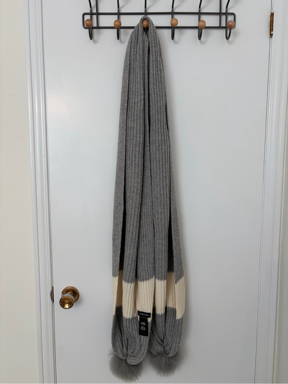 Hudson’s Bay Gray and Cream Ribbed Knit Scarf with Pom-Poms